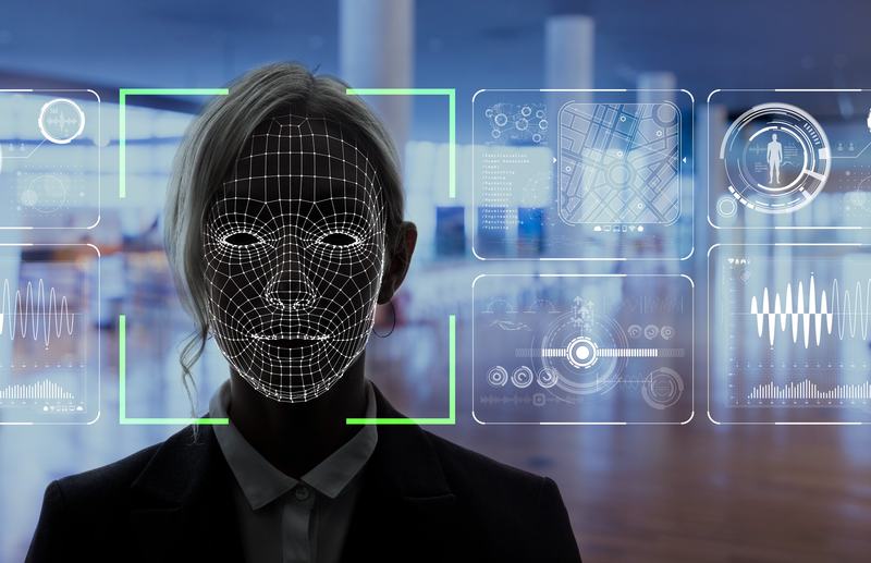 Facial recognition mesh mapped over a person's face