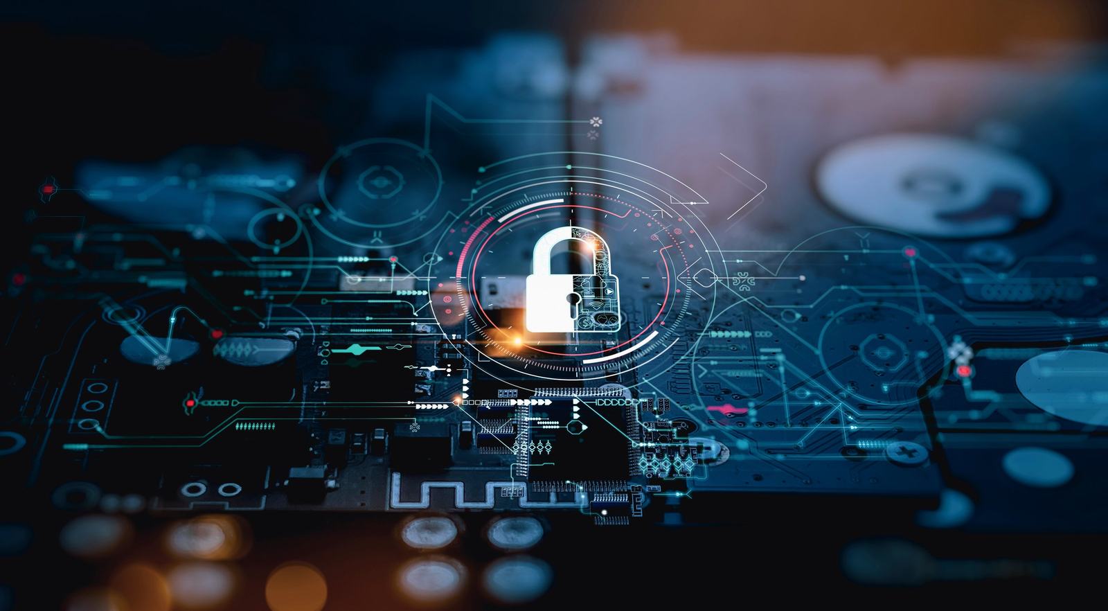 Padlock icon over a circuit board
